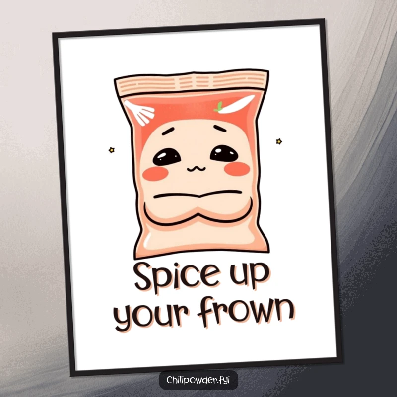 Funny pouting chili powder digital art print featuring a spice bag character with crossed arms, perfect for humorous decor.