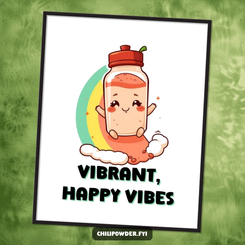 Funny digital art print of a chili powder shaker with a playful smirk, sliding down a vibrant rainbow, radiating whimsical charm.