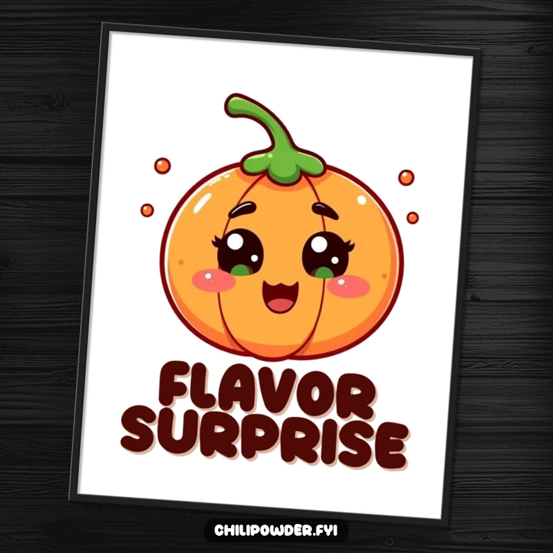 A chili powder character with wide eyes in playful surprise, available as a digital art print for humorous and expressive wall decor.