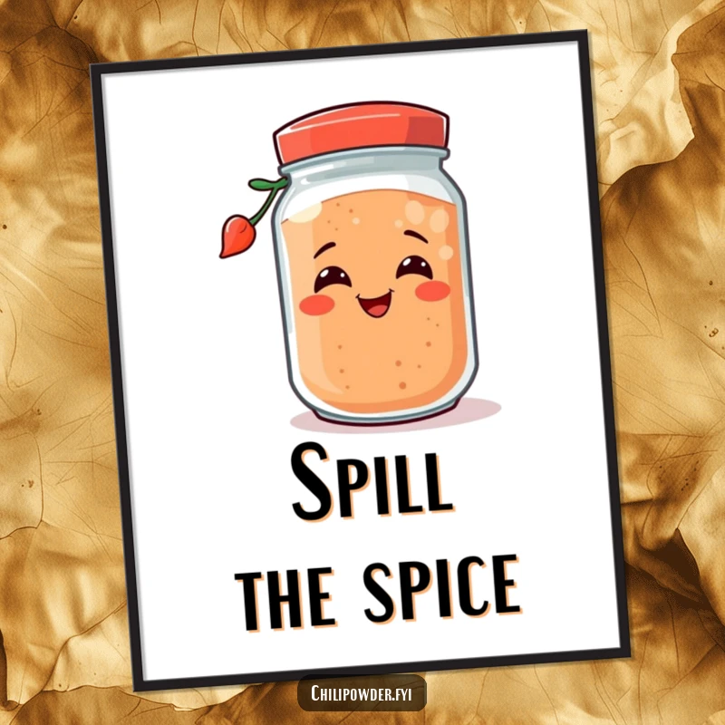 Funny chili powder jar with a happy grin, tipping over playfully, available as a digital art print for cheerful wall decor.