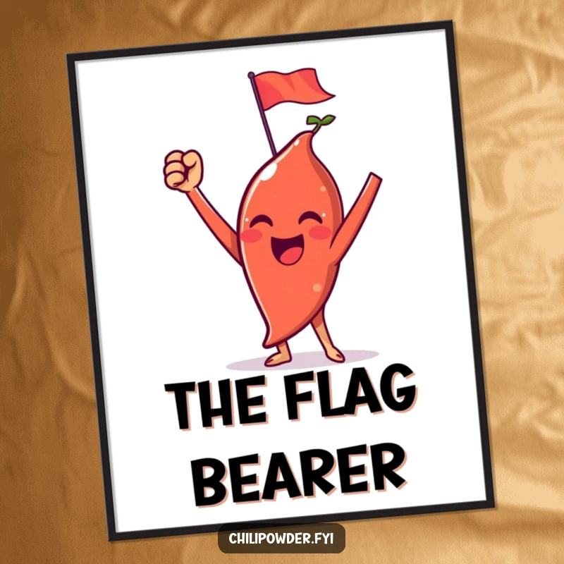 Funny chili powder digital art print of a triumphant character with raised arms and a tiny flag, for decor.