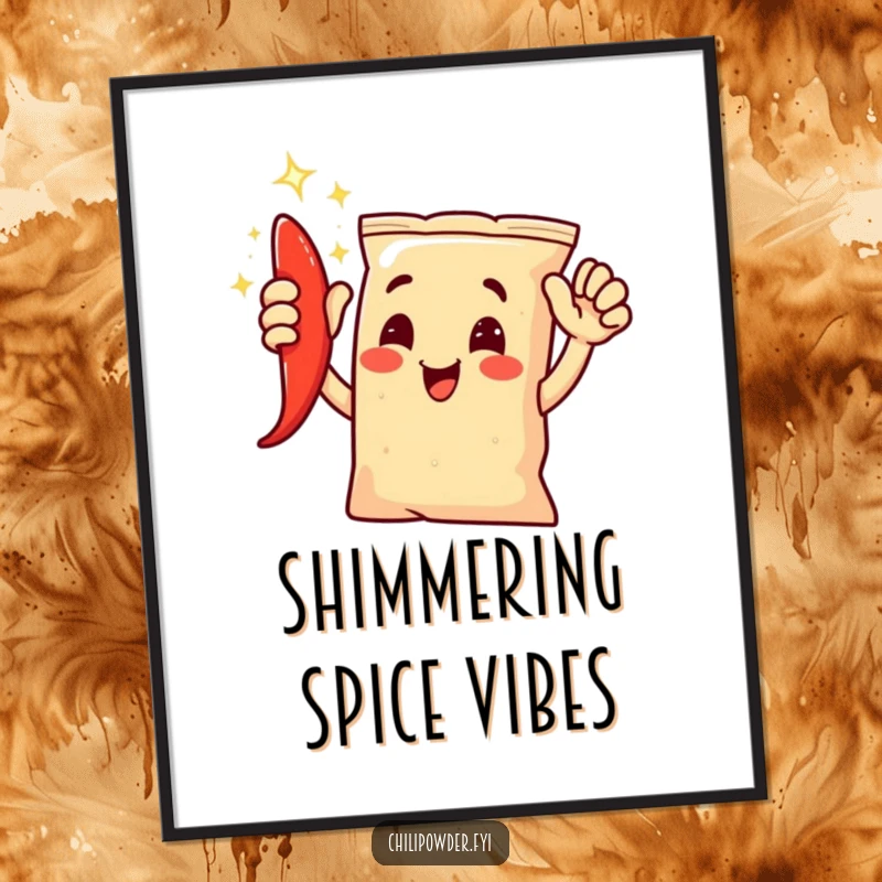 Funny chili powder bag character giving a joyful, shimmering high-five, downloadable as digital art.