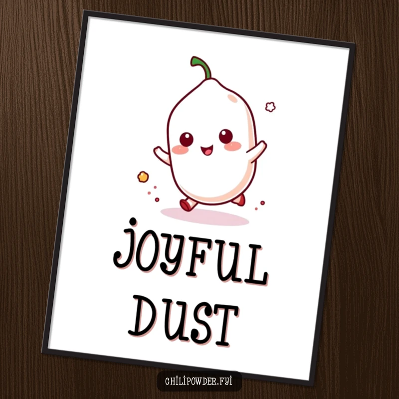 Funny kawaii chili powder doing a playful hop with a puff of dust, bringing instant energetic fun to any digital space.