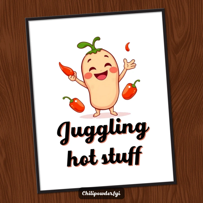 Funny digital art illustration of a smiling chili powder character juggling three small red peppers, bringing joy and color instantly.