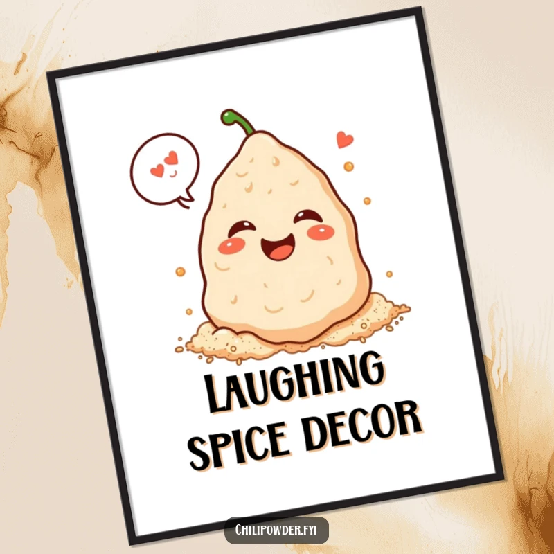 Funny Kawaii chili powder pile laughing heartily with a speech bubble, digital art print for instantly joyful decor.