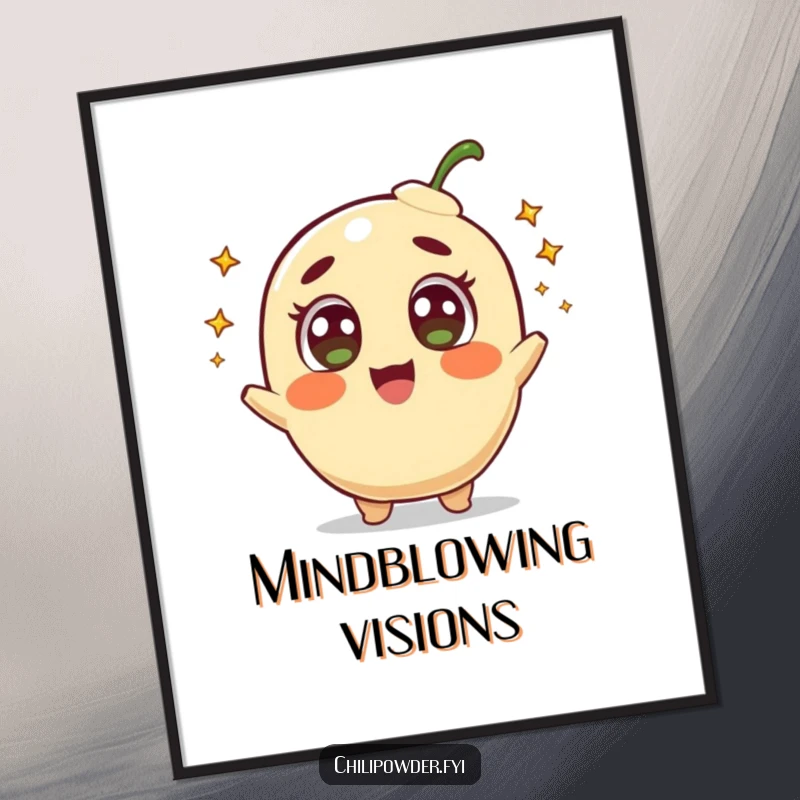 Funny digital art print of a delighted chili powder character with wide, amazed eyes, shooting tiny comets across a starry sky.