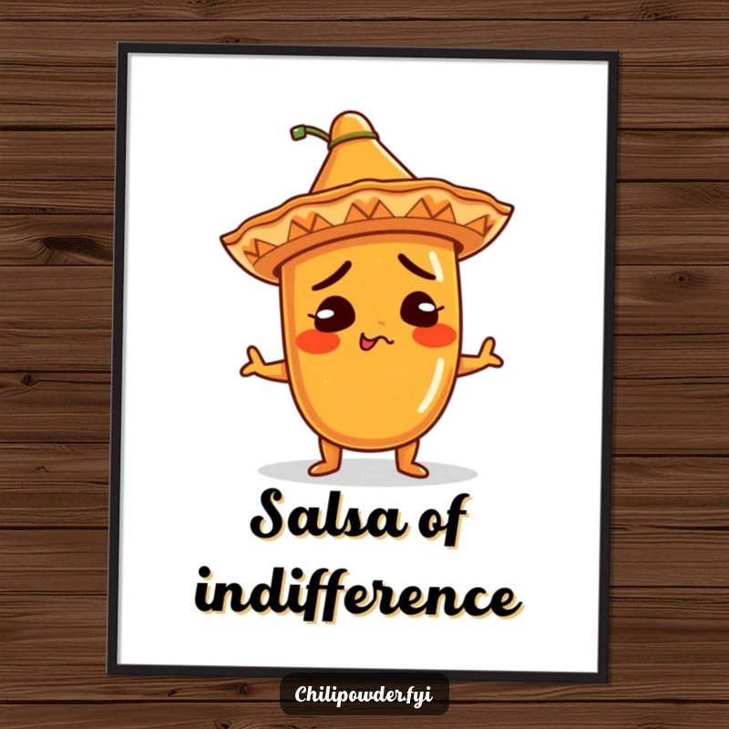 Funny Digital Art Print: Kawaii chili powder character in a sombrero, shrugging hilariously, perfect for printable wall art, adding immediate humor and charm.