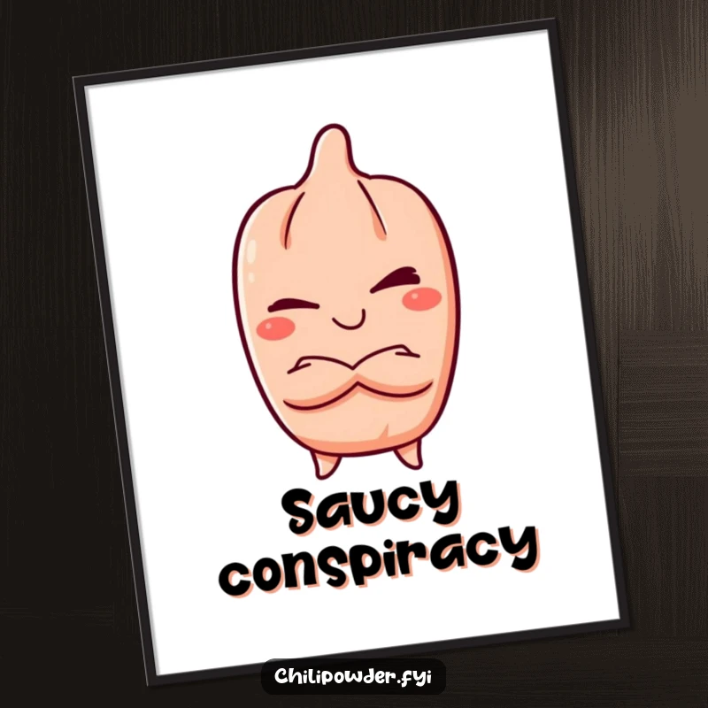 Funny Digital Art Print: Kawaii chili powder character winking slyly, arms crossed, exuding mischief, ideal for printable decor and adding immediate humor.