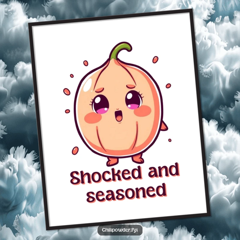 Funny chili powder digital art print of a character with cartoonish shock and wide eyes, for decor.