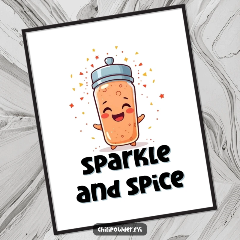 Tiny chili powder shaker with a grin erupting in sparkly confetti, a humorous digital art print.