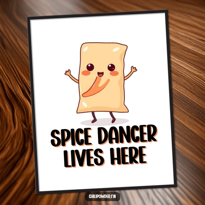 Funny Kawaii chili powder bag with tiny legs dancing the salsa, vibrant digital art print for spicy wall decor.