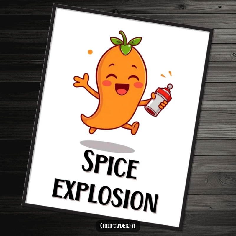 Funny chili powder character leaping with excitement, shaking a tiny spice shaker in a digital art print, capturing a moment of pure spicy energy.