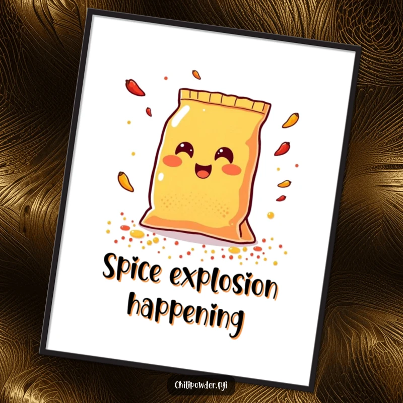 Funny Kawaii chili powder bag smiling broadly while scattering colorful spices, a vibrant digital art print.