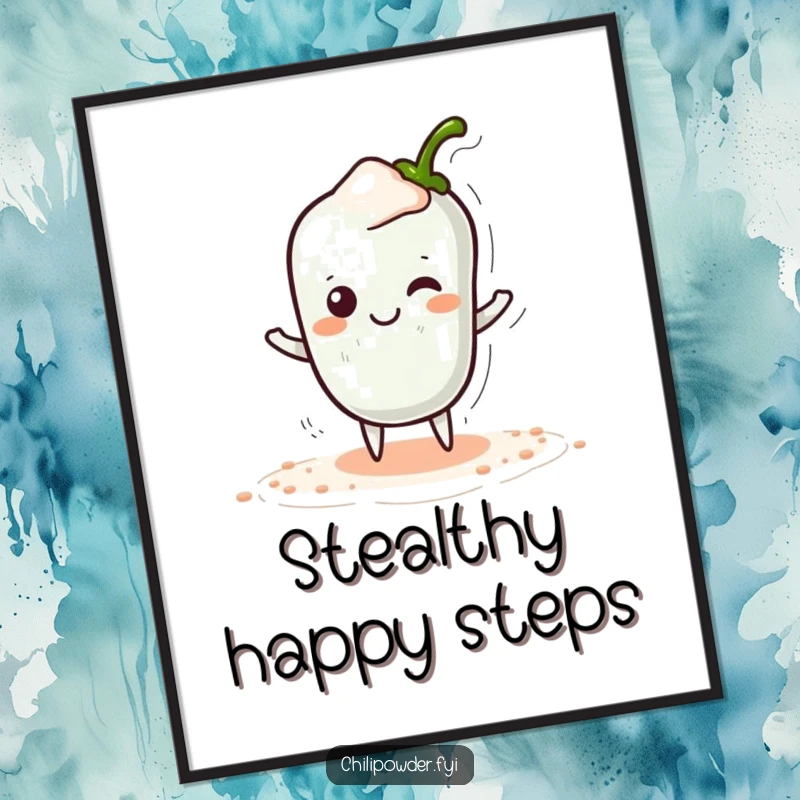 Funny Kawaii Chili Powder Digital Art Print - A cute cartoon chili powder character tiptoeing sneakily with a hidden smile, perfect for playful digital decor.