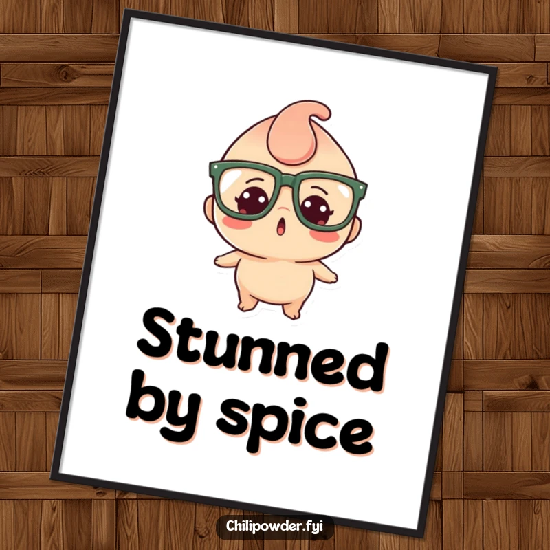 Funny digital art of a kawaii chili powder character wearing oversized glasses, looking comically surprised and utterly delightful.