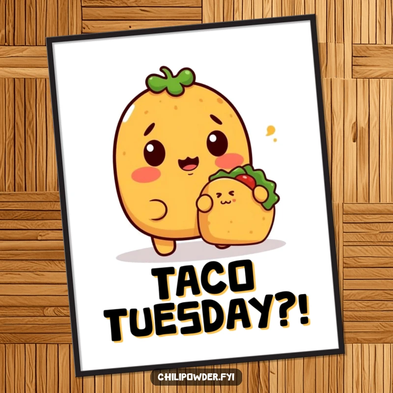 Funny Digital Art Print of a surprised kawaii chili powder character reacting to a tiny taco sneaking up, ready for printing.
