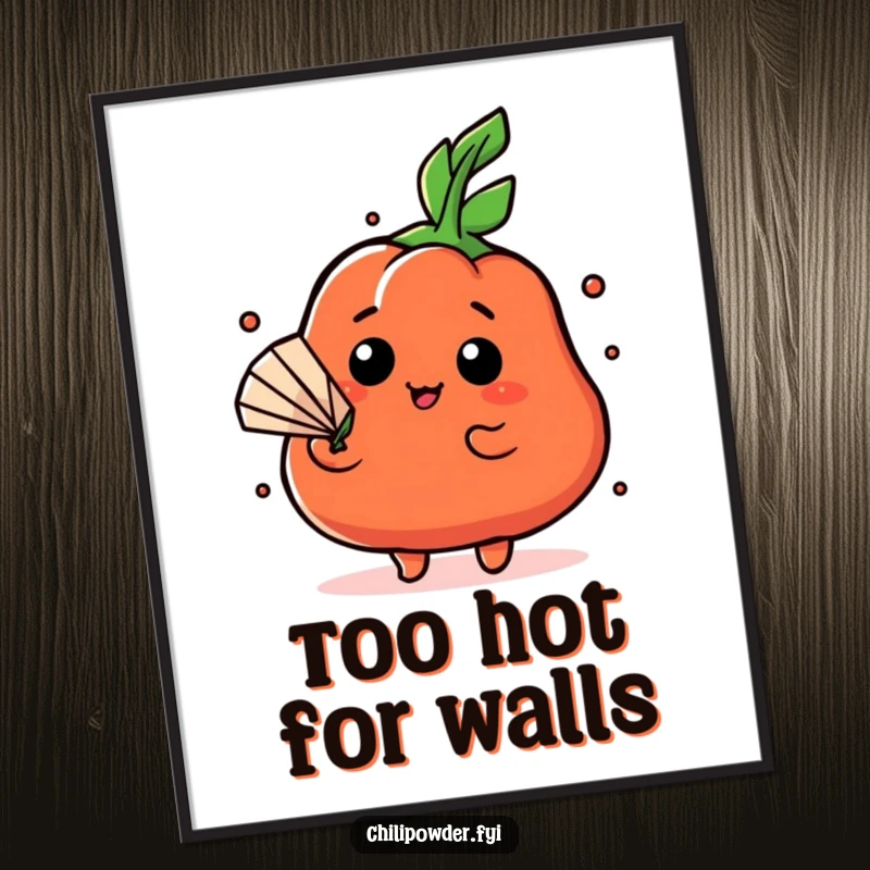 Funny Kawaii chili powder character fanning itself dramatically with a leaf, digital art print for theatrical decor.