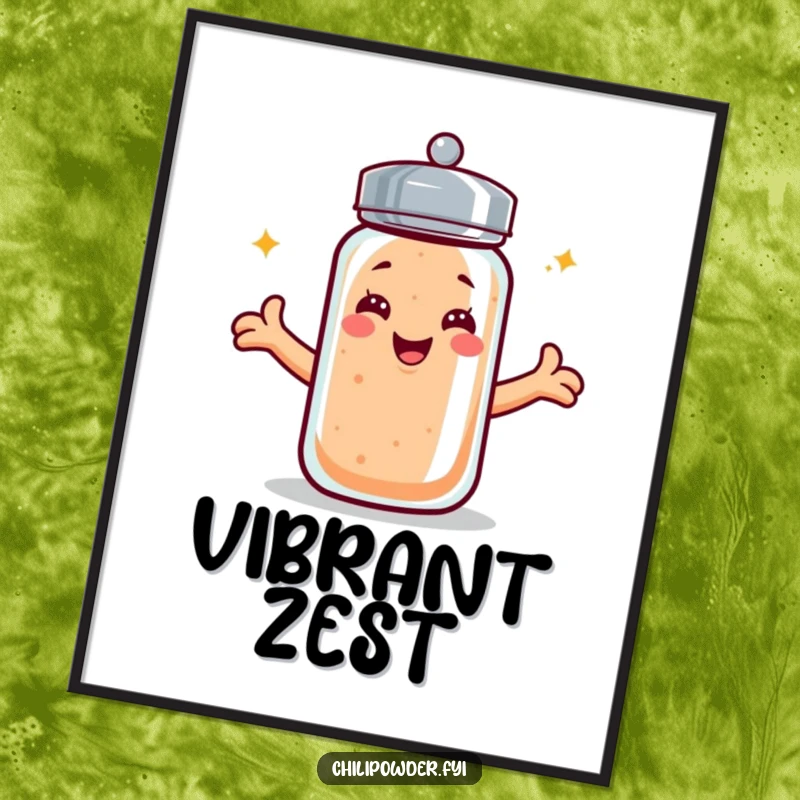 Funny kawaii chili powder shaker digital art print, beaming smile, arms extended, offering a digital hug of spice.