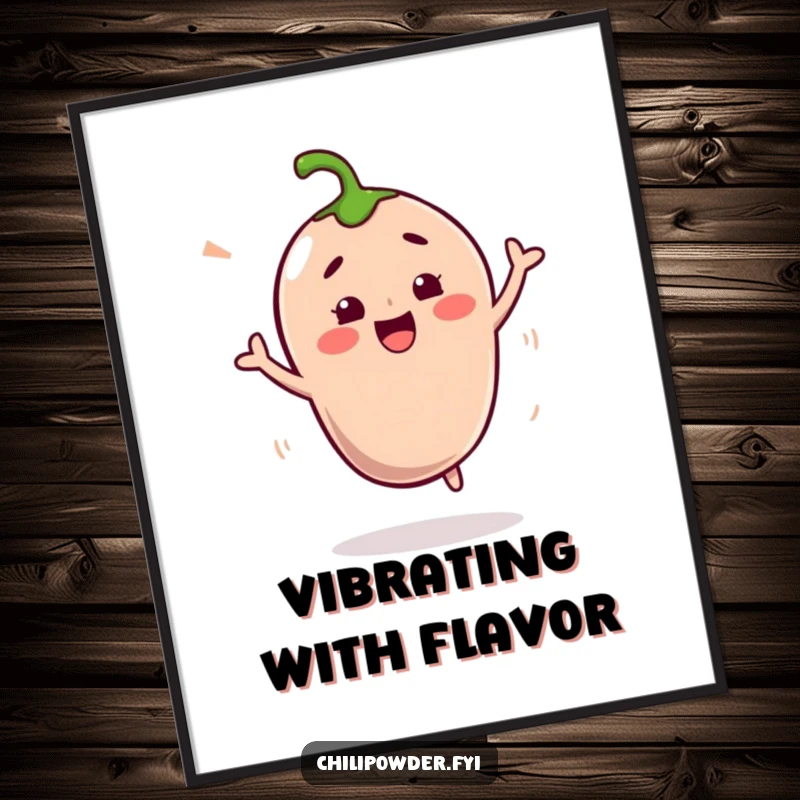 Funny Kawaii Chili Powder Digital Art: A cute chili character doing a joyful shimmy, ideal for instant spicy wall decor and smiles.