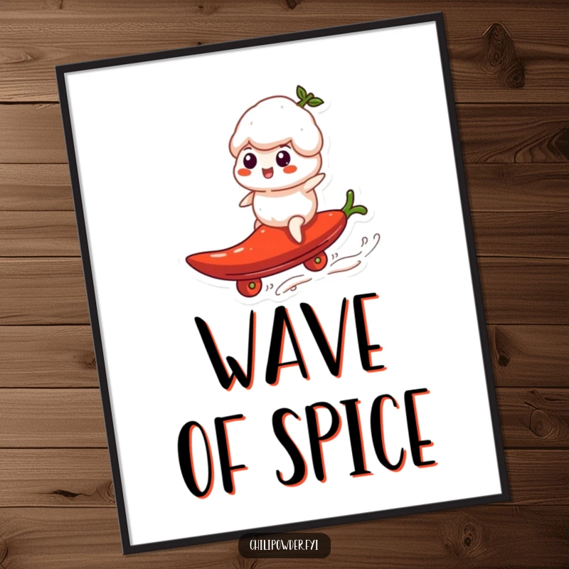 Funny chili powder puff riding a pepper like a surfboard, available as a downloadable digital art print.
