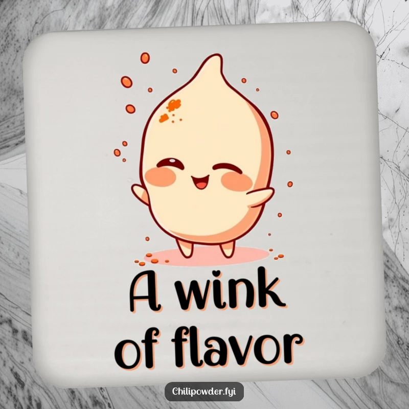 Funny chili powder character winking and sprinkling spice on a protective drink coaster, with a playful vibe.