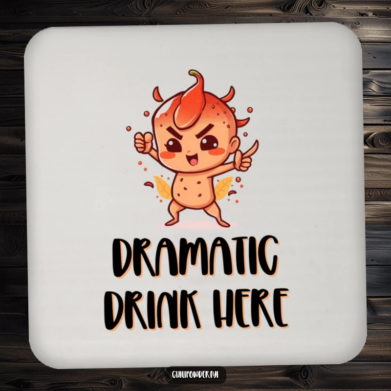 Funny drink coaster featuring a chili powder character in a dramatic, spicy pose, adding bold flair to tabletops.