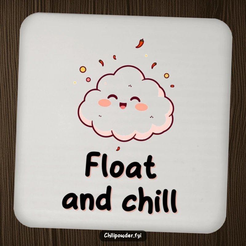 Funny chili powder cloud giggling on a drink coaster, adding a whimsical and joyful accent.