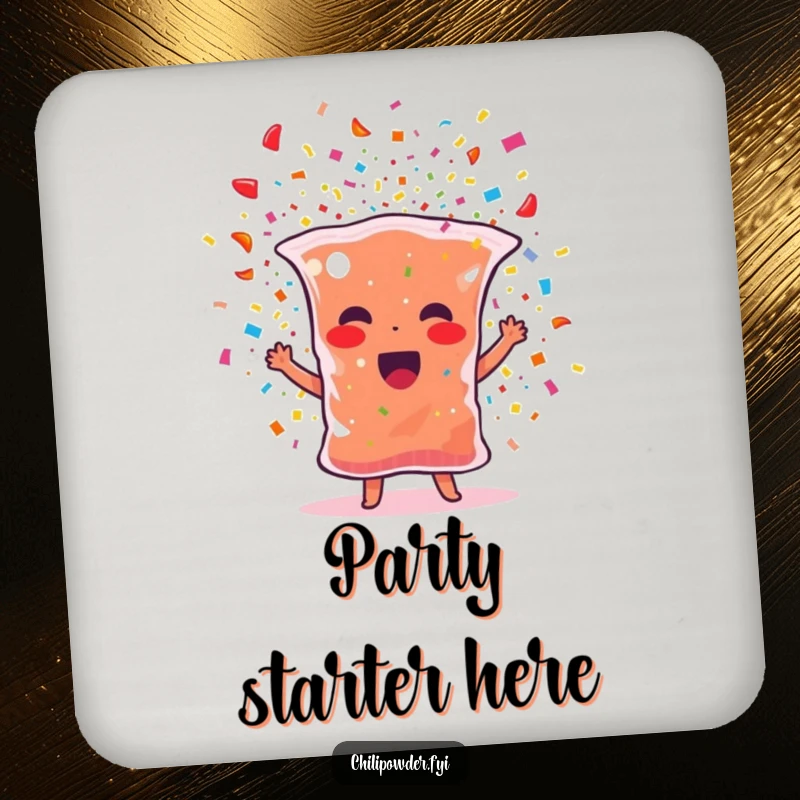 Funny chili powder coasters featuring a spice bag character bursting with confetti, protecting surfaces with festive fun.
