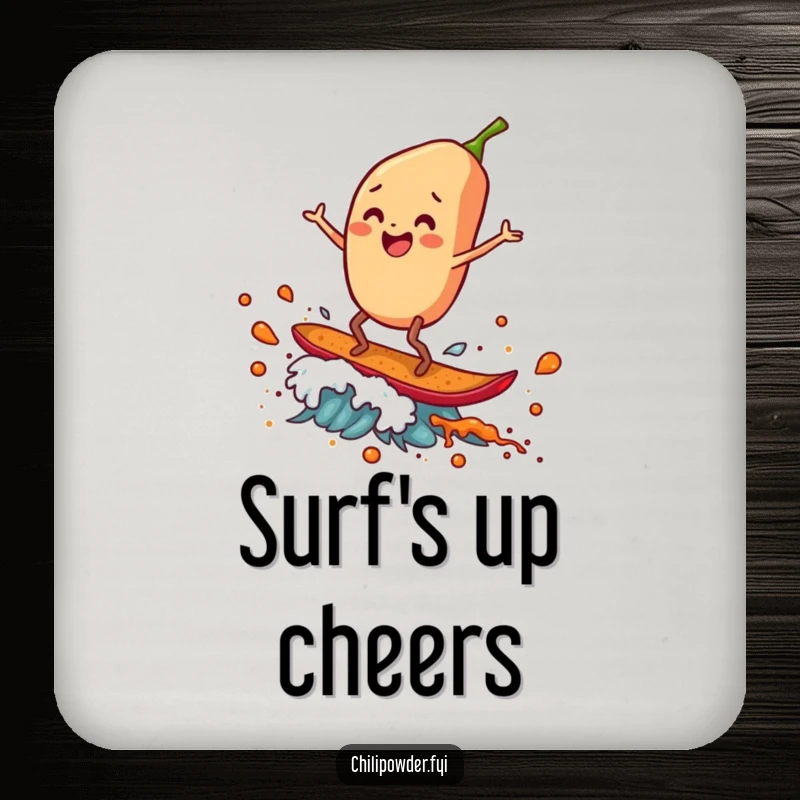 Funny Coaster: A chili powder flake gleefully surfs a spice wave, adding humorous nautical vibes to any surface.