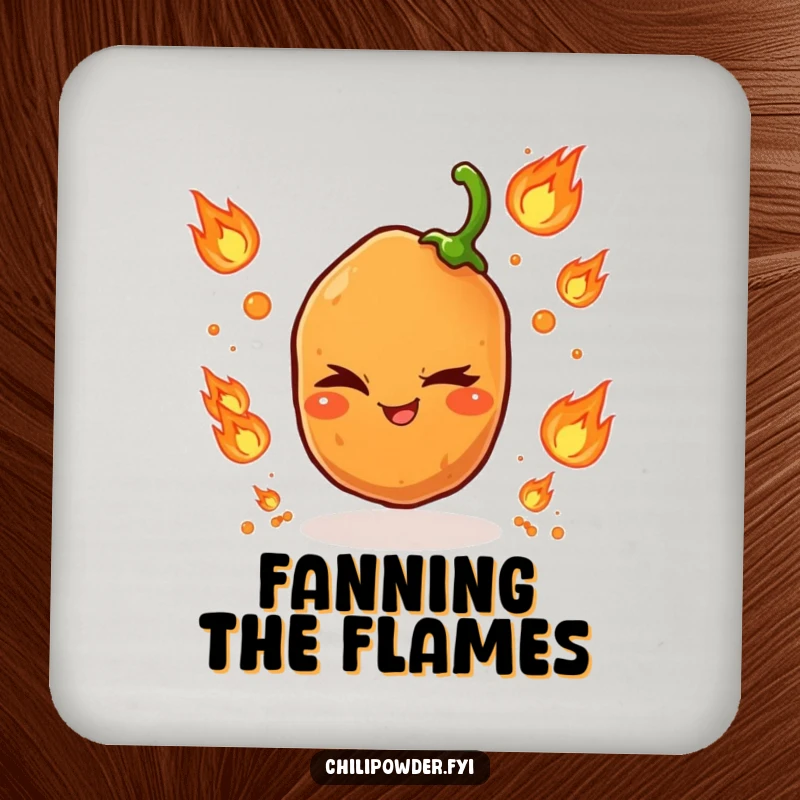 Funny drink coaster with a winking chili powder grain juggling miniature flame icons, adding a spicy flair to tables.