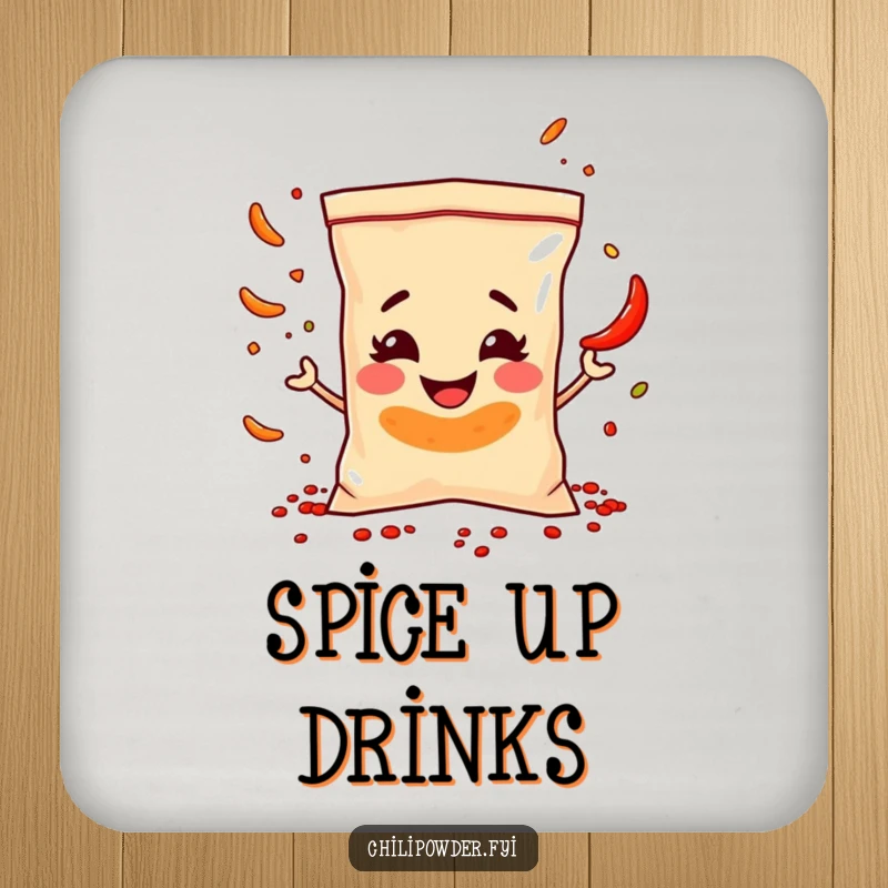 Funny Coaster: A chili powder bag juggles spices with a cheeky grin, adding a humorous touch to drink service.