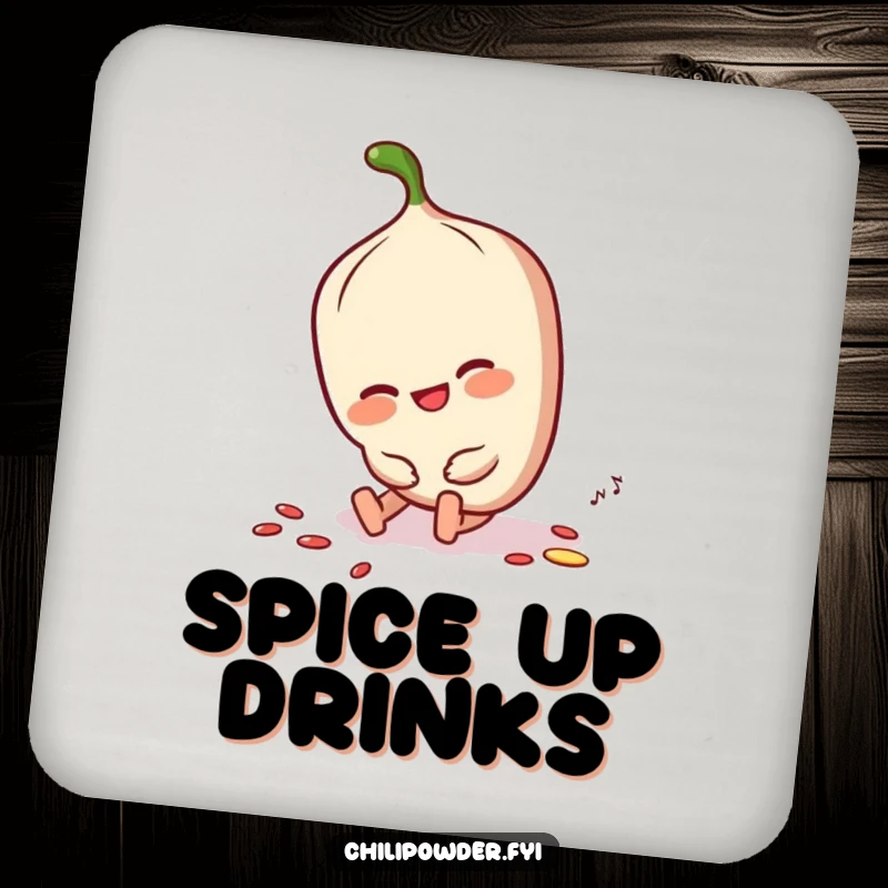 Funny chili powder character tripping slightly but smiling, dusting itself off on a protective drink coaster.