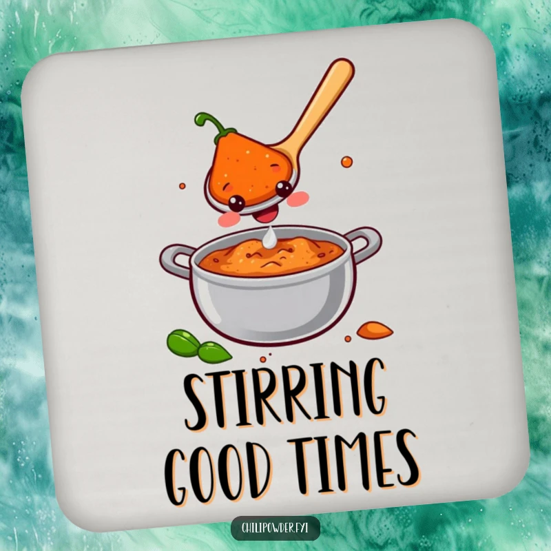 A smiling chili powder spoon stirring a pot of joy, depicted on a coaster that adds cheerful humor and protects surfaces.