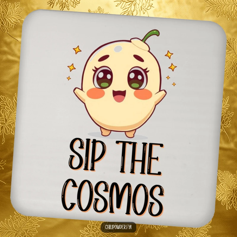 Funny drink coaster with a happy chili powder character with wide eyes, shooting tiny comets, bringing the cosmos to your table.