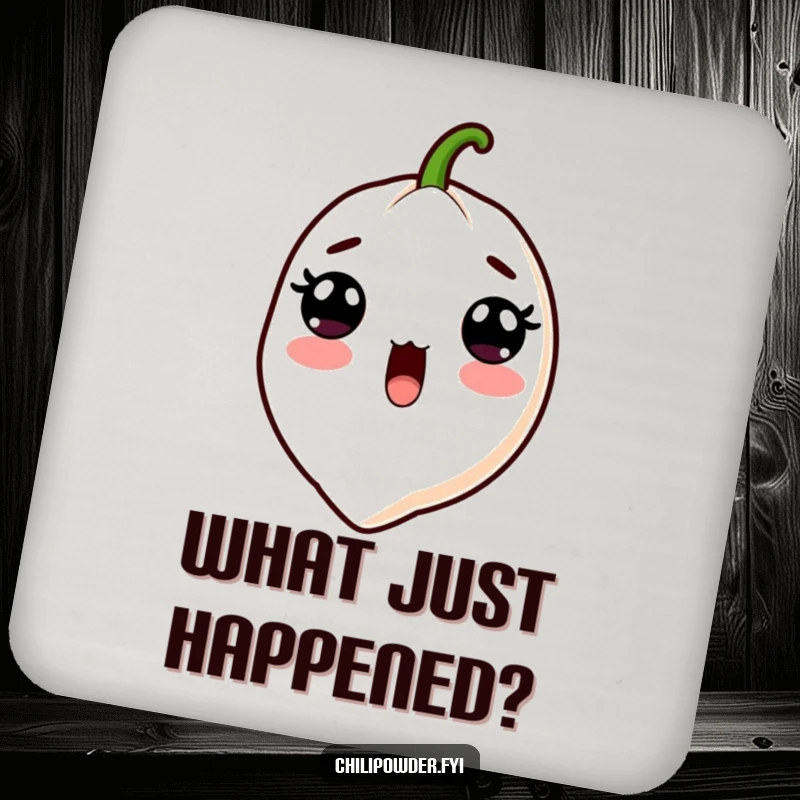 Funny Kawaii Chili Powder Coaster - A cute cartoon chili powder character with wide surprised eyes and an open mouth, perfect for spicy home decor.