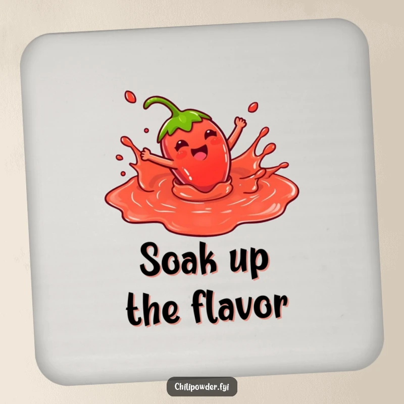 Funny Coaster: Kawaii chili powder character joyfully splashing in red sauce, protecting surfaces with a vibrant and humorous design, a great gift.
