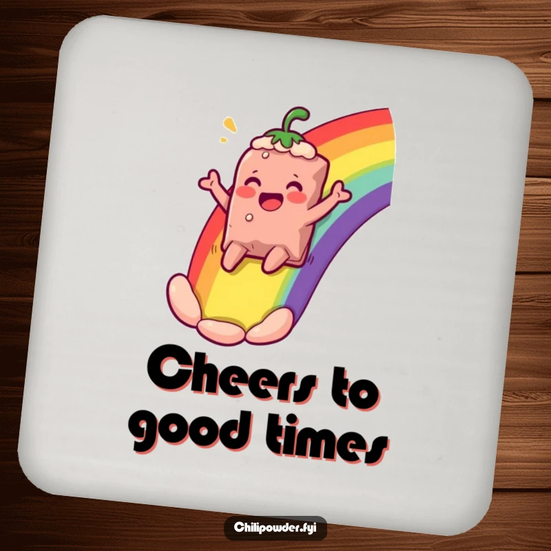 Funny chili powder bag character sliding down a rainbow, cheering comically, depicted on a drink coaster, bringing joy to tabletops.
