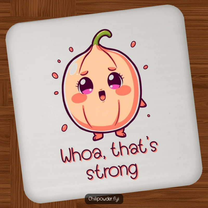 Funny chili powder coasters with a character in cartoonish shock and wide eyes, perfect for table protection.