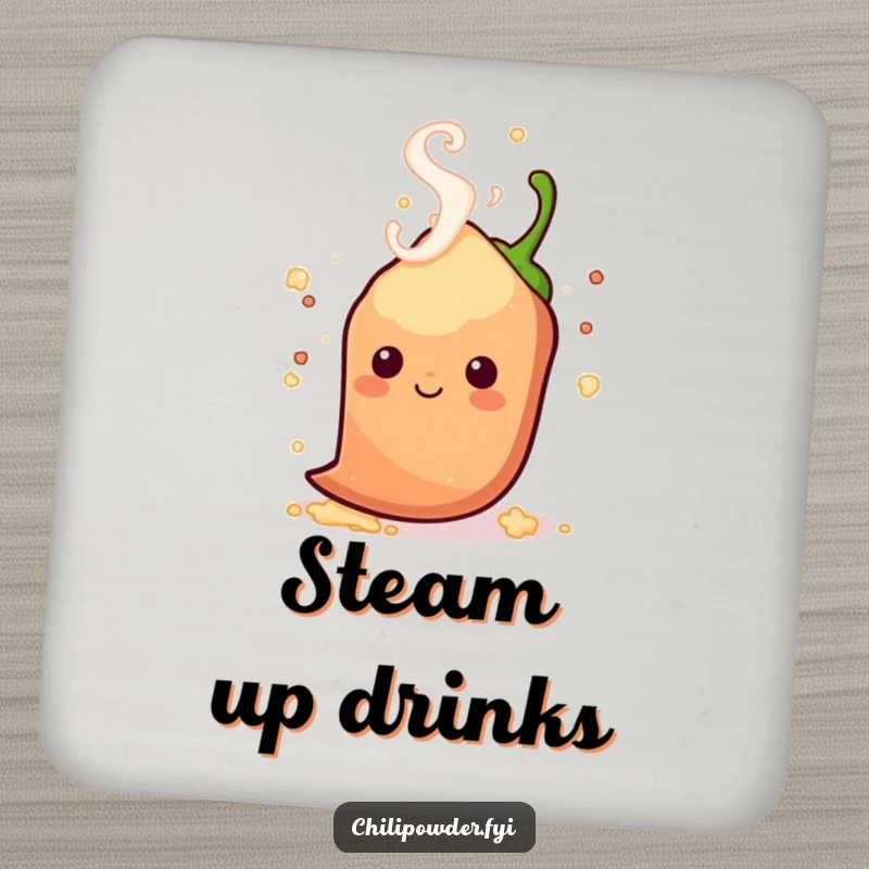 Funny kawaii chili powder with playful steam swirls around its head, protecting surfaces with warm, spicy style.
