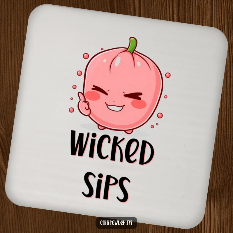 Funny chili powder pinch winking mischievously on a drink coaster, adding a playful accent.