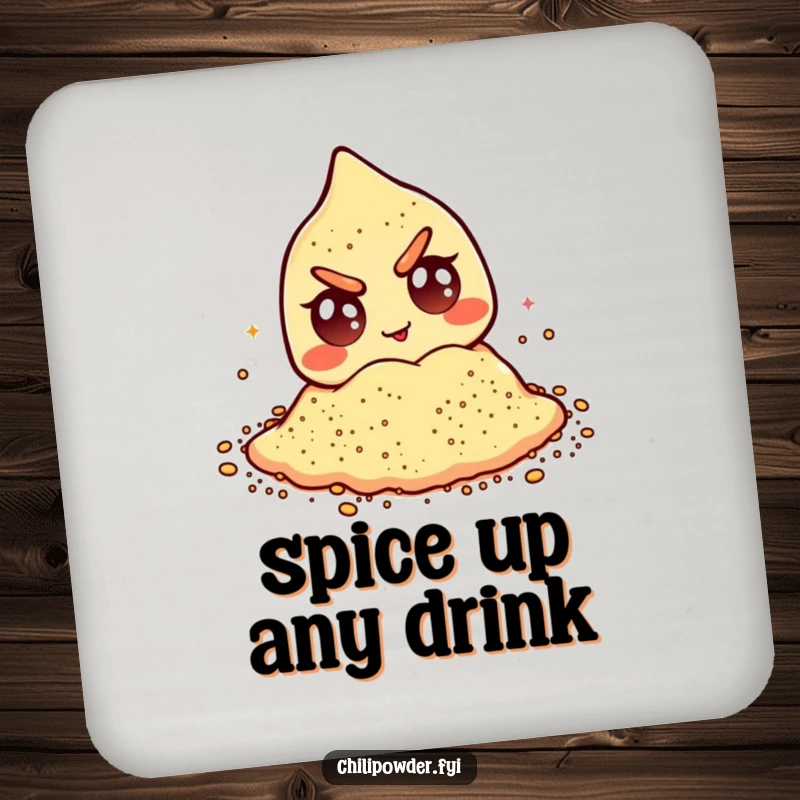 Funny chili powder coasters with a mischievous winking character and googly eyes, protecting surfaces with humor.
