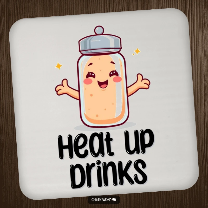 Funny kawaii chili powder shaker coaster, smiling with open arms, designed to protect surfaces with spicy style.