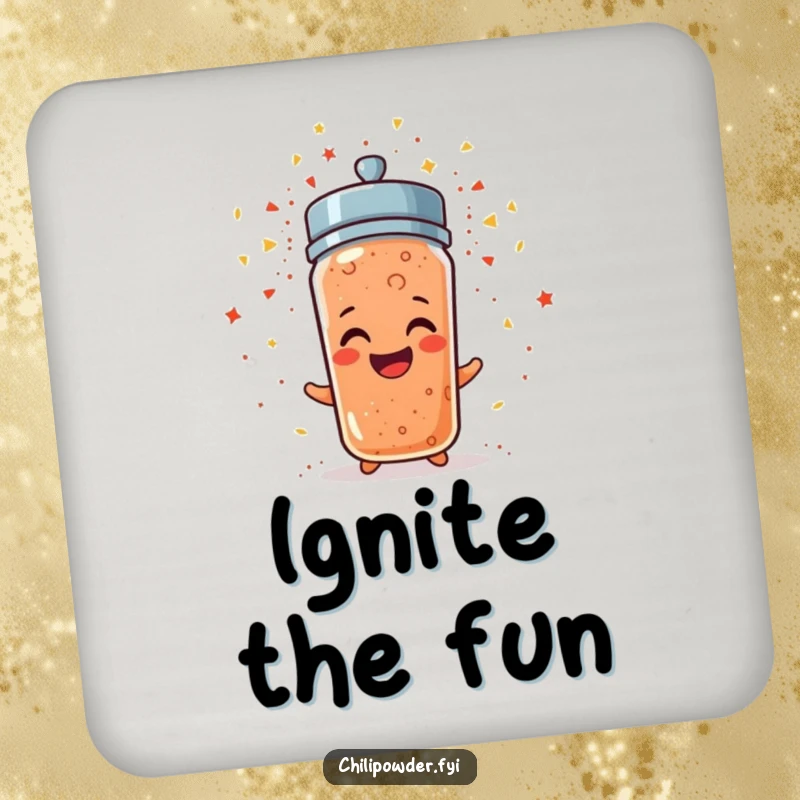 Funny chili powder shaker erupting in confetti on a coaster, adding festive humor to tables.