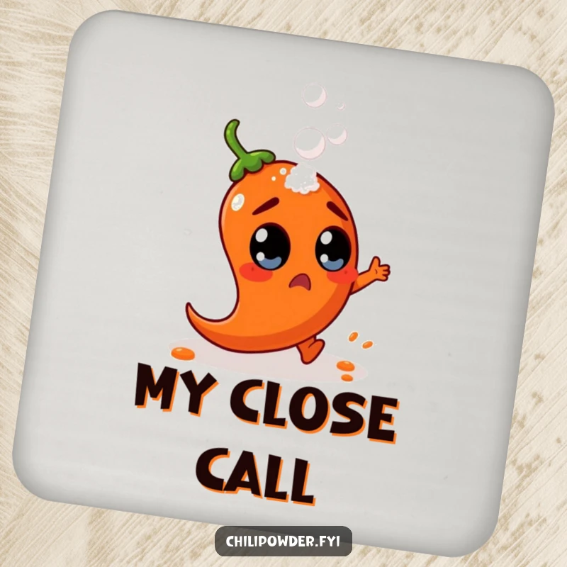 Funny chili powder character with wide, surprised eyes dodges a falling salt shaker on coasters to protect surfaces with humor.