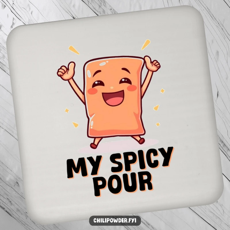 Funny chili powder pouch dancing victoriously with a grin, featured on coasters to protect surfaces with humor.