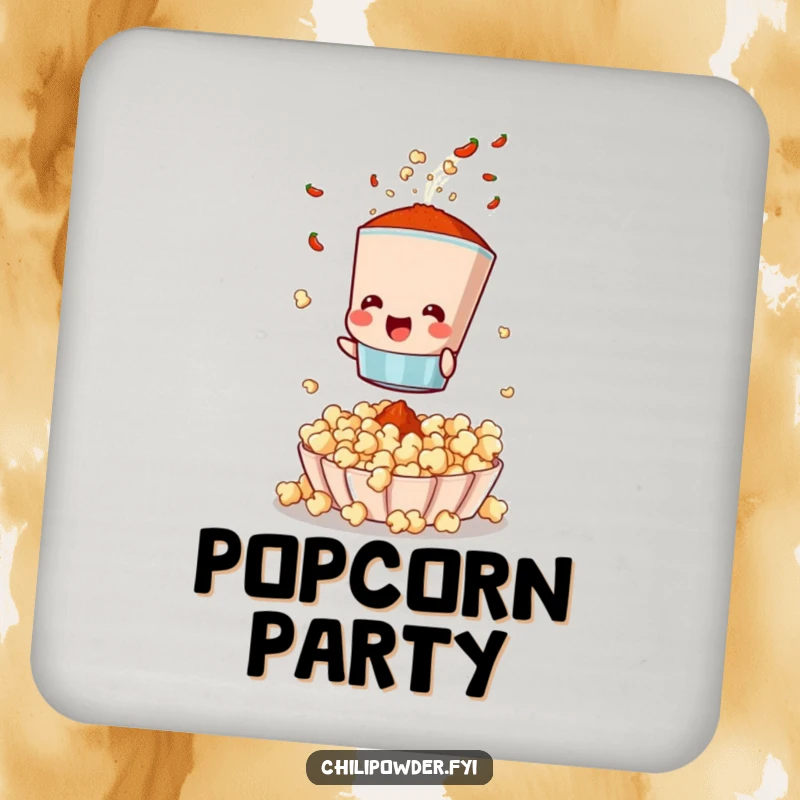 Funny drink coaster featuring a chili powder sifter character shaking spices onto popcorn, a humorous addition to any drink setup.
