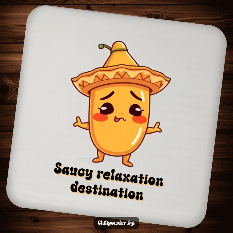 Funny Coaster: Kawaii chili powder character wearing a mini sombrero, shrugging comically, protecting surfaces with a humorous and charming design, a great gift.