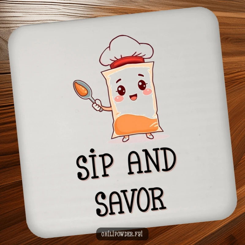 Funny chili powder coasters featuring a spice bag character with a tiny chef hat, protecting surfaces with culinary humor.