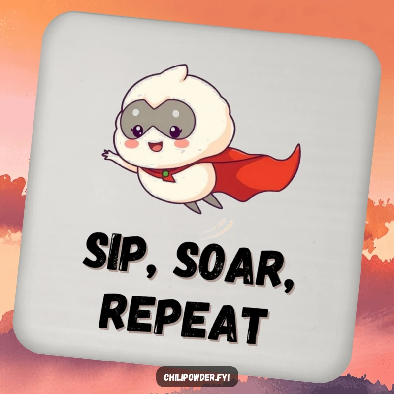 Funny chili powder puff hero, wearing a cape and flying, featured on a drink coaster.