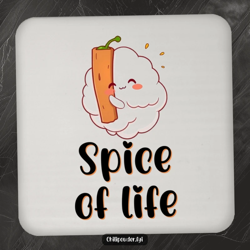 Funny Kawaii chili powder cloud tickling a cinnamon stick on a drink coaster, adding whimsical humor.